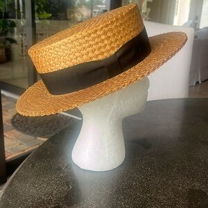 Vintage 1930s straw boat skimmer hat with black ribbon